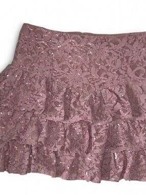 City Studio Dusty Rose Lace Sequin Ruffled Mini Skirt